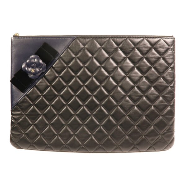 Chanel Black Camelia Lambskin Clutch